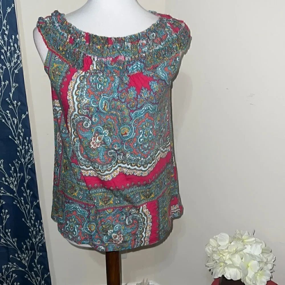 Anthropologie | Anthro Meadow Rue Pink Paisley Elastic Neckline Sleeveless Top